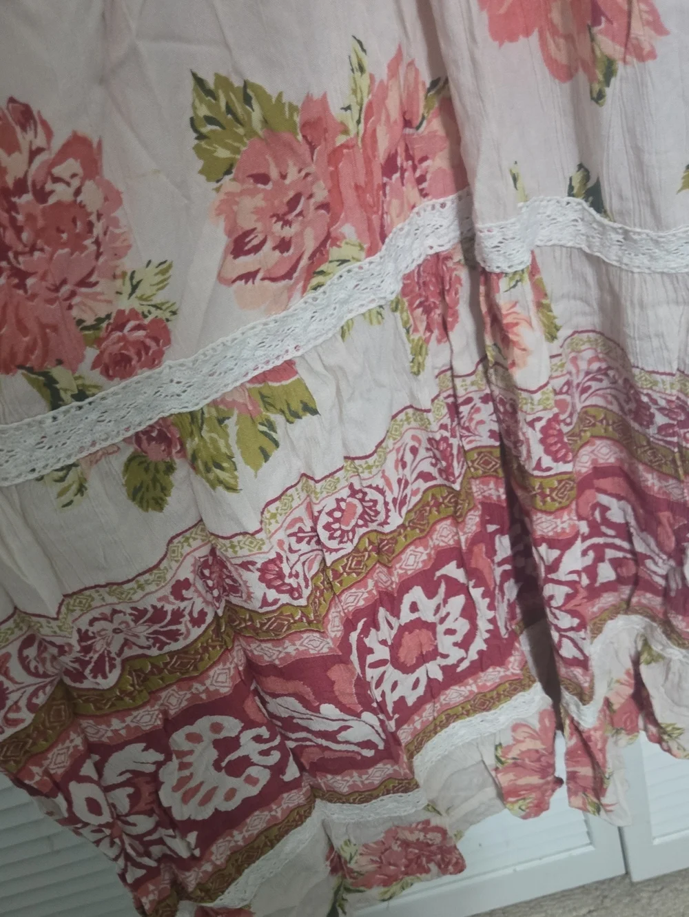 Angie Cream & Pink Floral Twist Front Tiered Maxi Dress Boho
